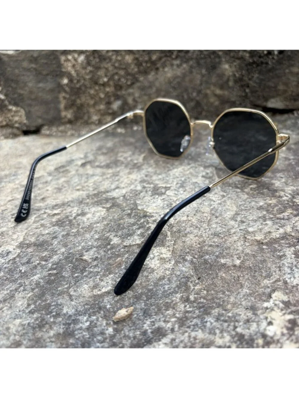 70s Gold Geometric Octagon Sunglasses Retro Round Black Lens Boho Festival NEW